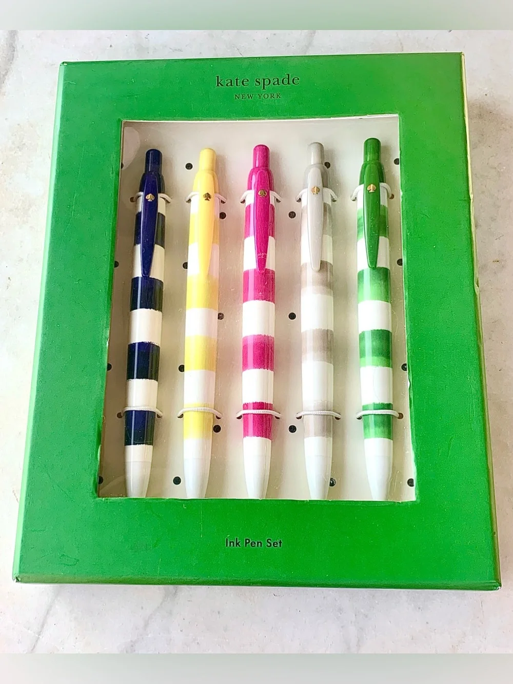 KATE SPADE NEW YORK RUGBY STRIPE PEN SET 5 Navy, Yellow, Pink, Gray, Green NIB